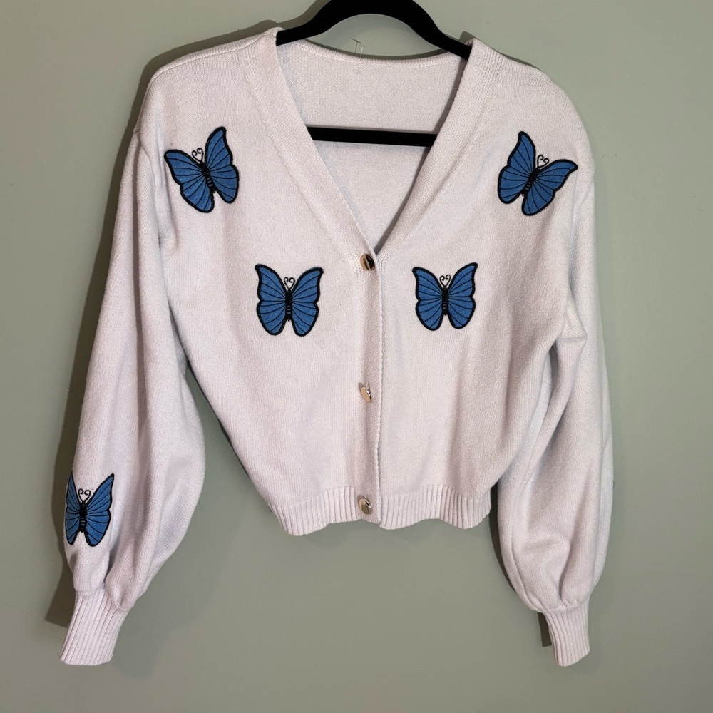 Vintage White Cropped Sweater with Blue Butterfly Design